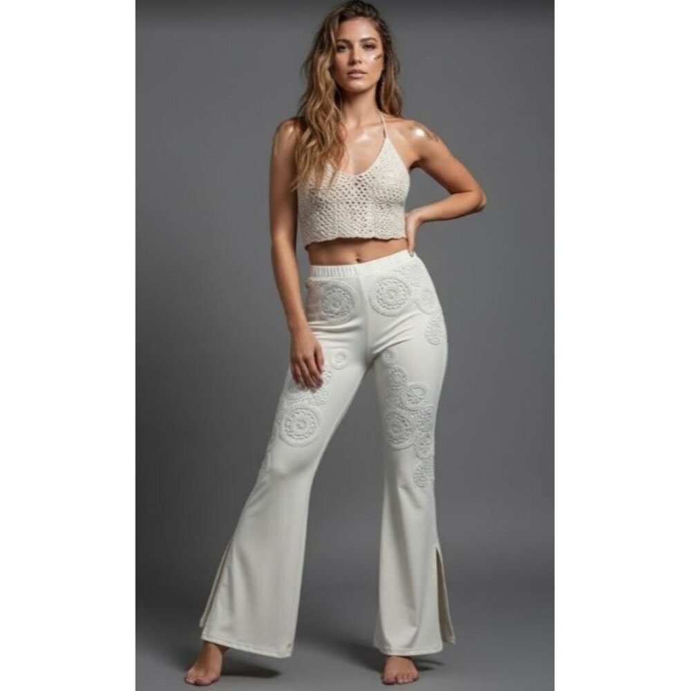 Sagaie Paris Women's Pants Elegant Ivory Floral Lace Sequin Wide Size Small